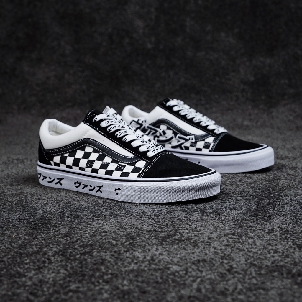 Giày Thể Thao Vans Old Skool Vải Canvas Cổ Thấp Họa Tiết Sọc Caro Trắng Đen Phong Cách Nhật Bản