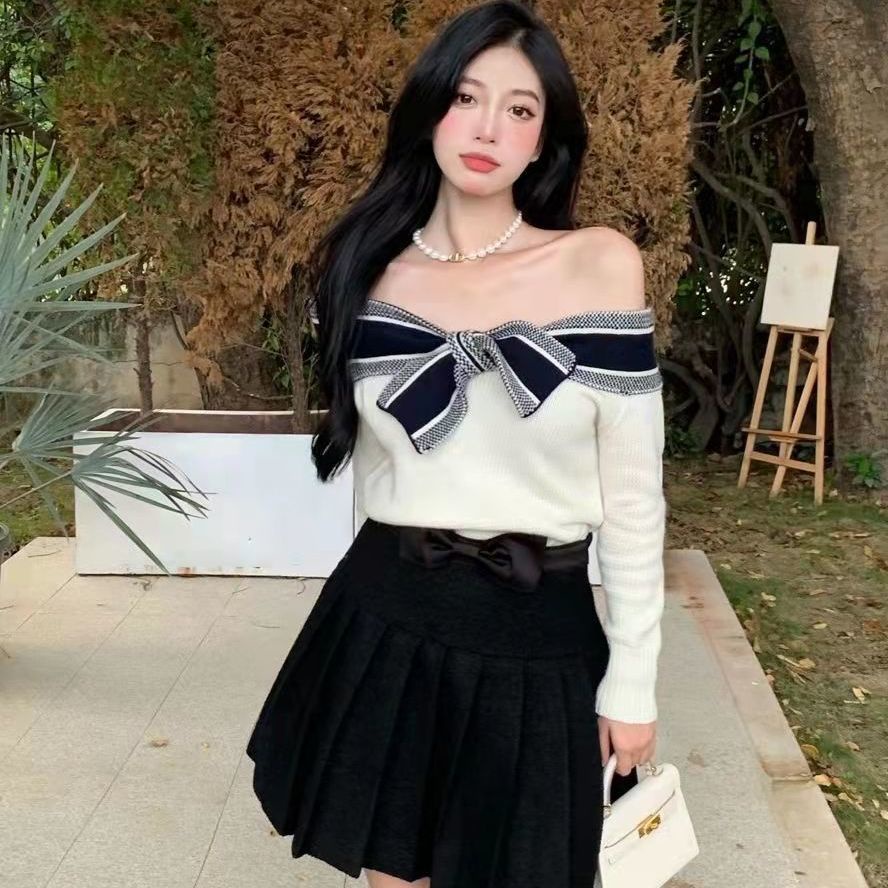 Áo dệt kim một bên vai đính nơ phong cách Hàn Quốc mới năm 2021