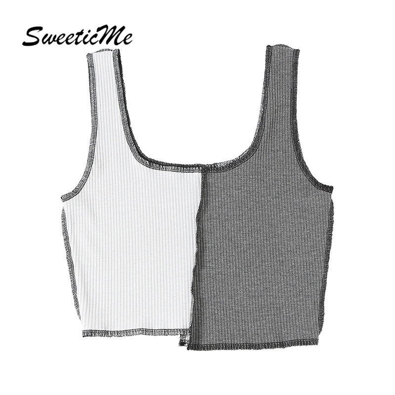 Áo Hai Dây Phối Màu Tương Phản Ôm Dáng Gợi Cảm Hàng Mới Màu Xám Và Trắng Cho Nữ