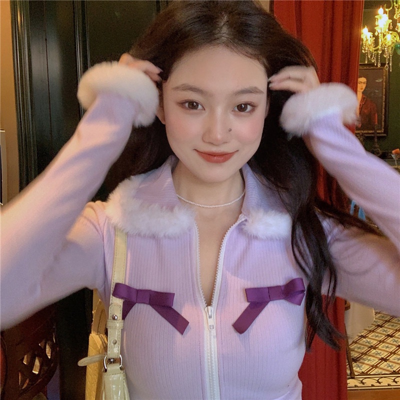 Áo lửng tay dài phối khoá kéo đính nơ dễ thương thời trang mùa đông