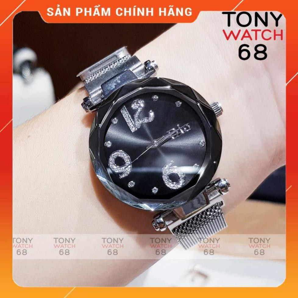 Hot!!! Đồng hồ nữ DI dây nam châm lụa siêu sang màu bạc mặt đen giá re