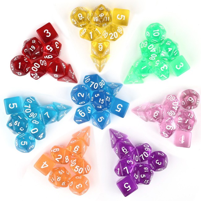 Set 7 xúc xắc nhiều mặt trong suốt cho trò chơi Dungeons Dragons Pathfinder D&D RPG