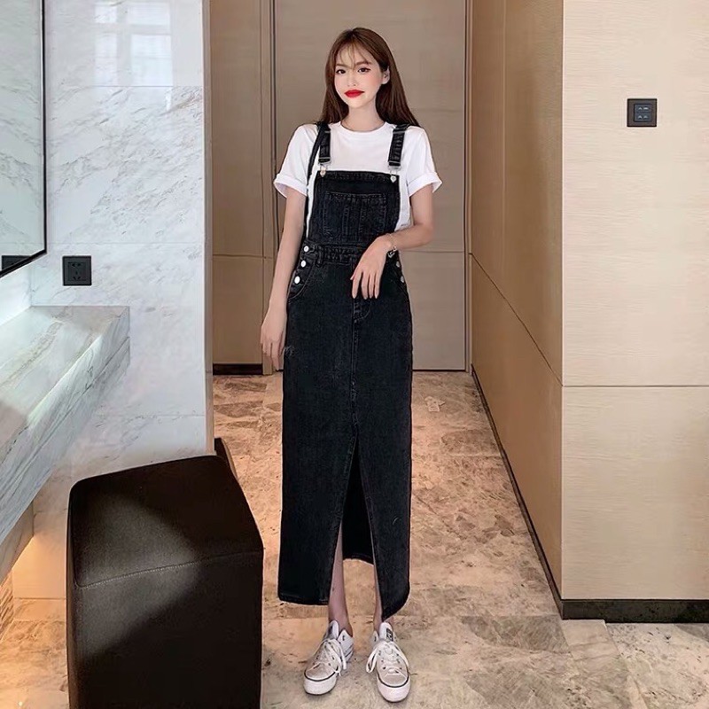 Váy yếm bò jeans ulzzang xẻ tà trước giành cho nữ