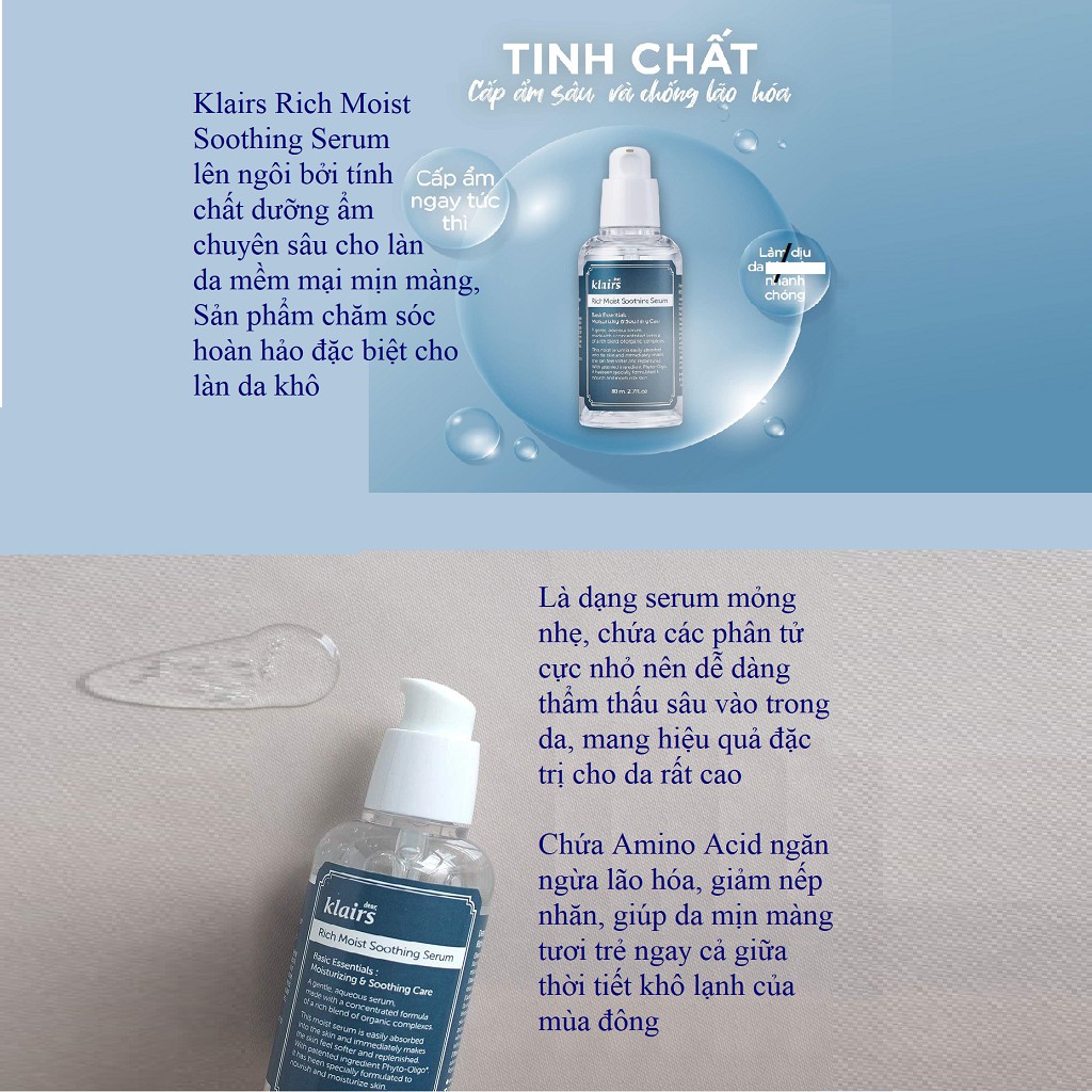 Serum Klairs, Tinh chất dưỡng da dưỡng ẩm chuyên sâu Klairs Rich Moist Soothing Serum 80ml Auth Hàn Quốc