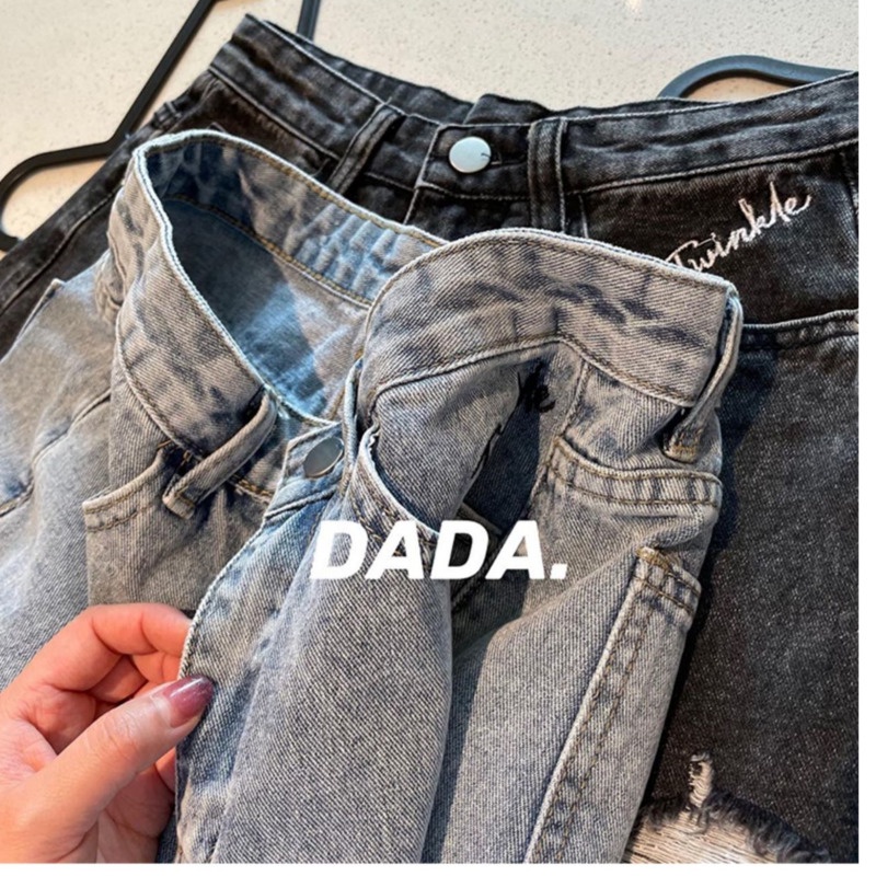 Quần đùi denim RENJIANVSHENG thiết kế rách màu sắc tương phản thời trang cá tính dành cho nữ