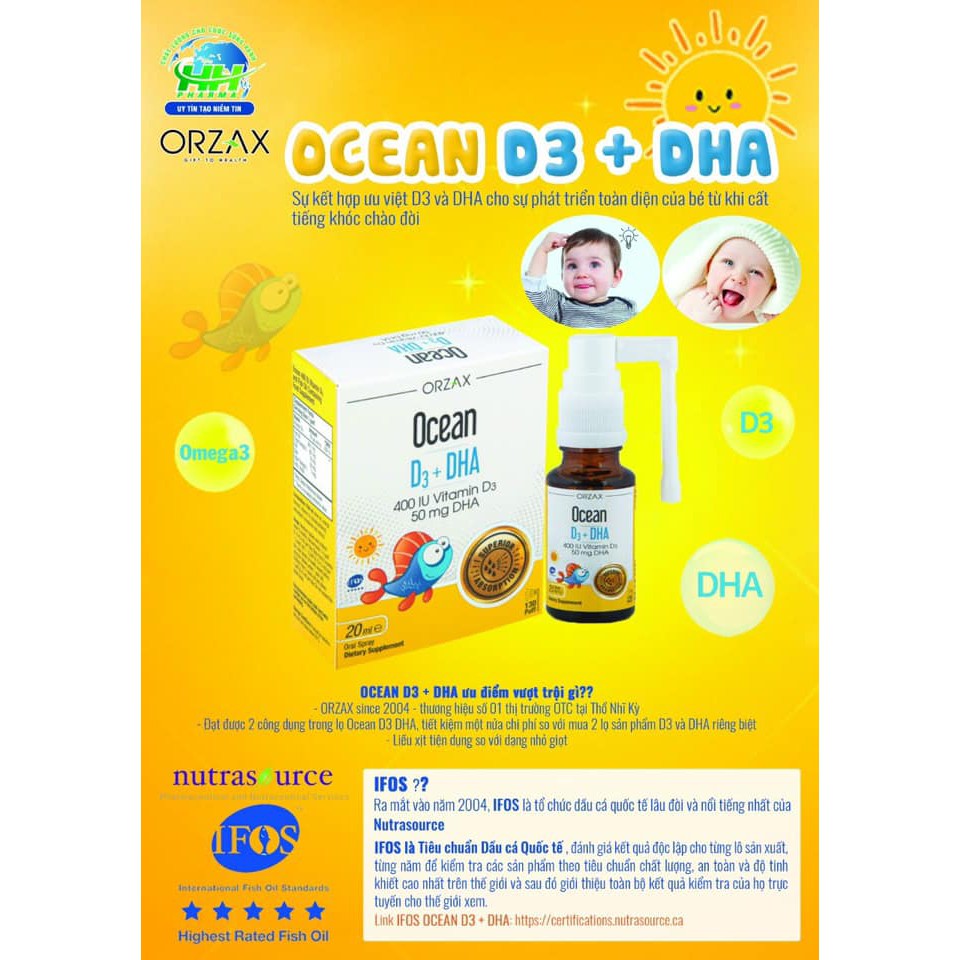 Thực phẩm bảo vệ sức khỏe OCEAN D3+DHA bổ sung Vitamin D3 giúp tăng cường hấp thu canxi, bổ sung DHA tốt cho não