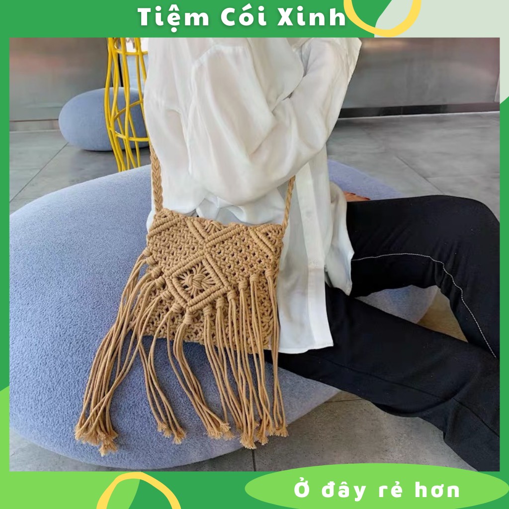 Túi Cói Tua Rua Đeo Chéo Vintage Macrame Dễ Thương
