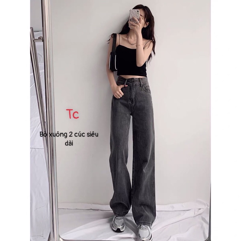 Quần Jeans Bò Nữ Ống Rộng 2 Cúc Khói &amp; Xanh
