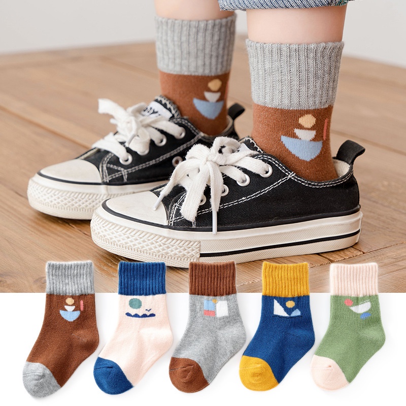 Set 5 Đôi Vớ Cotton Cổ Vừa Họa Tiết Khối Lắp Ráp KokoroCare MF-05 Dành Cho Bé Trai S / M / L 1-8 Tuổi