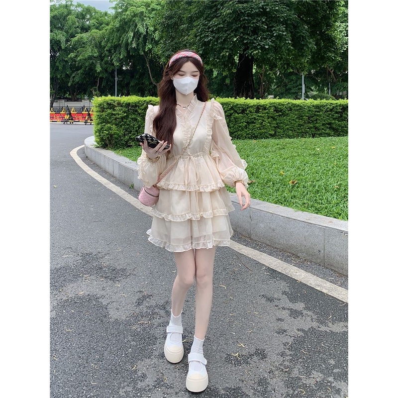 Đầm Tay Phồng Cổ Chữ v Phối Bèo Thời Trang Mùa Hè Ngọt Ngào Cho Nữ