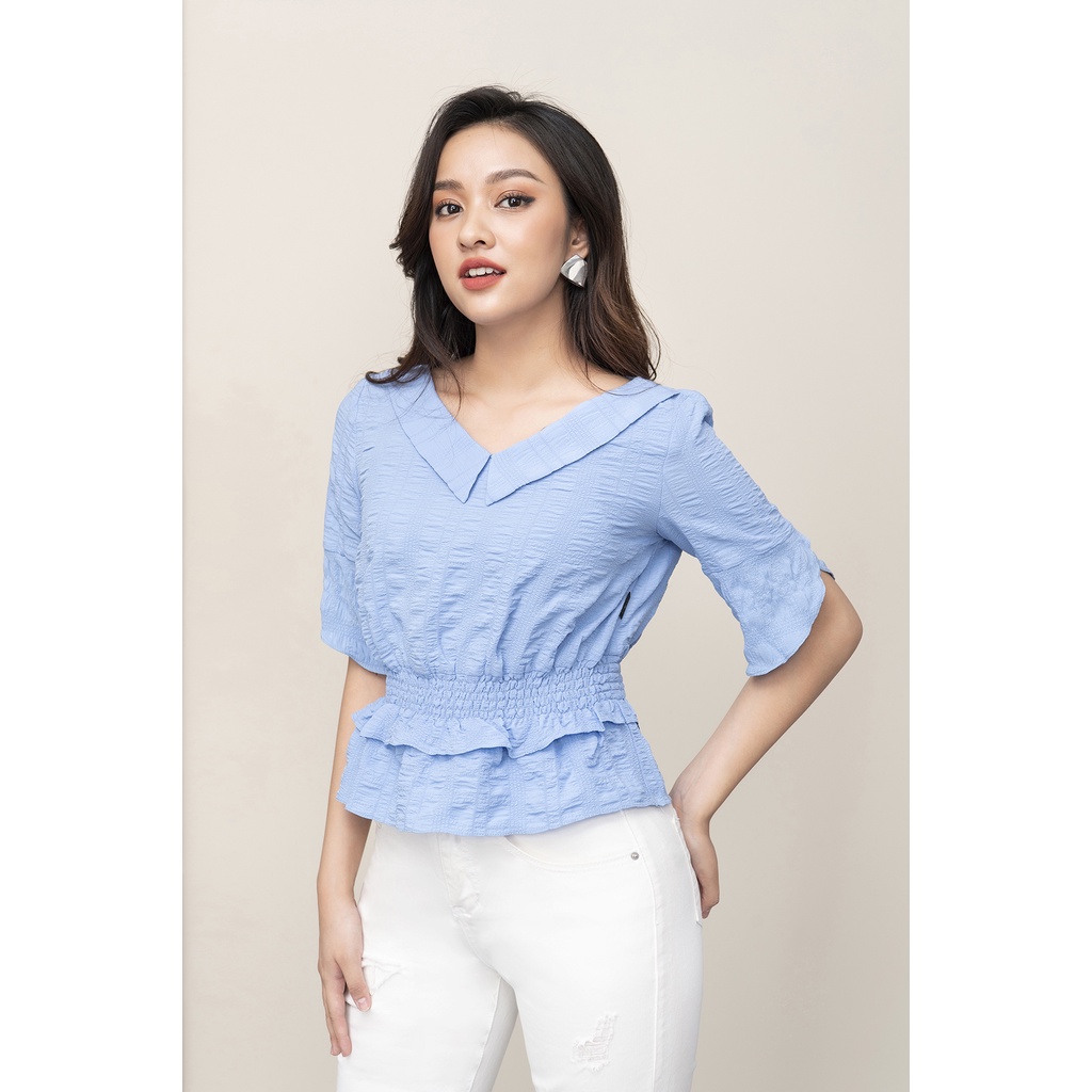 Áo sơ mi nữ công sở  cổ V tay lỡ bo gấu bánh bèo cao cấp LUPERI LFSM1176