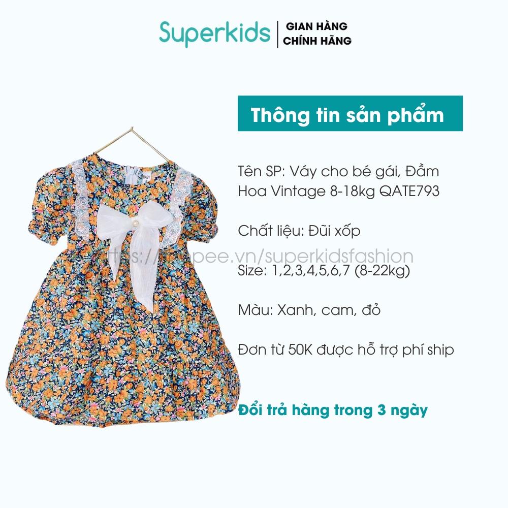 Váy cho bé gái, Đầm Hoa Vintage 8-18kg QATE793