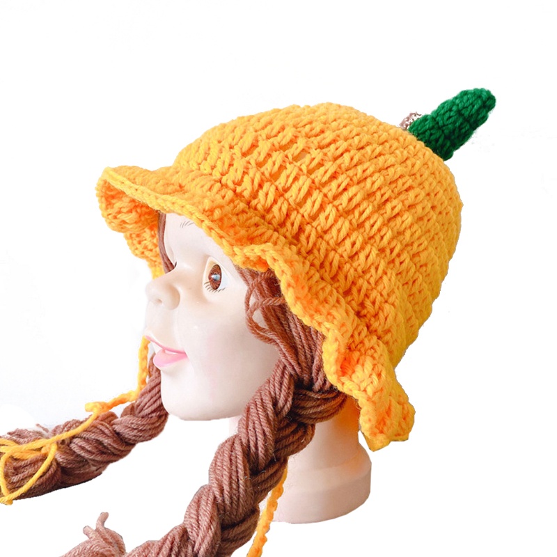 Mũ Beanie Dệt Kim Đính Tóc Giả Thắt Bím Dễ Thương Cho Bé