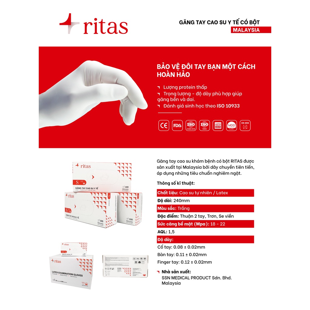 Găng tay cao su y tế có bột RITAS ĐỎ - Malaysia/ THÁI LAN