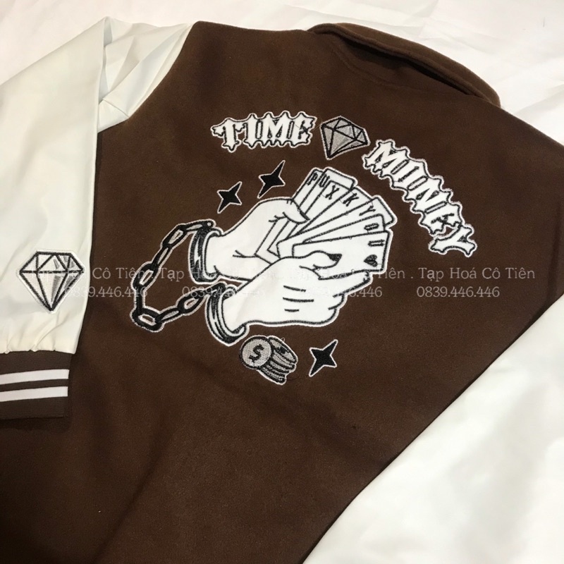 Áo khoác bóng chày lá bài nâu chất dạ tay da nam nữ