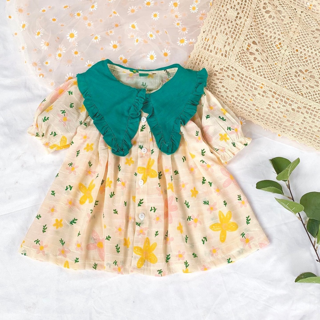 Đầm hoa tiểu thư cổ bèo nhọn váy xòe đáng yêu