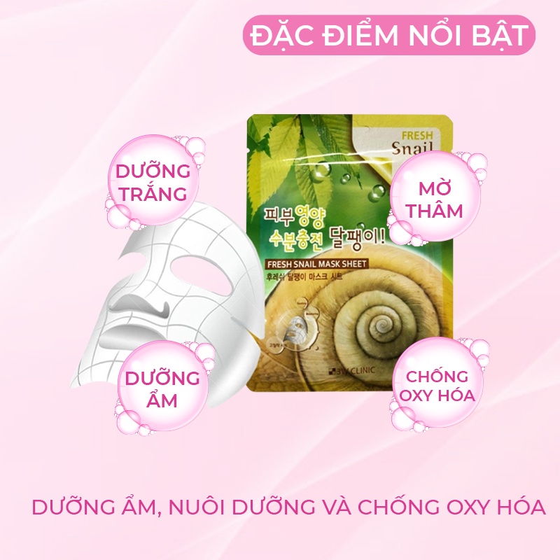 Combo 5 Túi Mặt nạ giấy dưỡng trắng da dưỡng ẩm chống lão hóa chiết xuất dịch nhầy ốc sên 3W Clinic Hàn Quốc 23mlx5