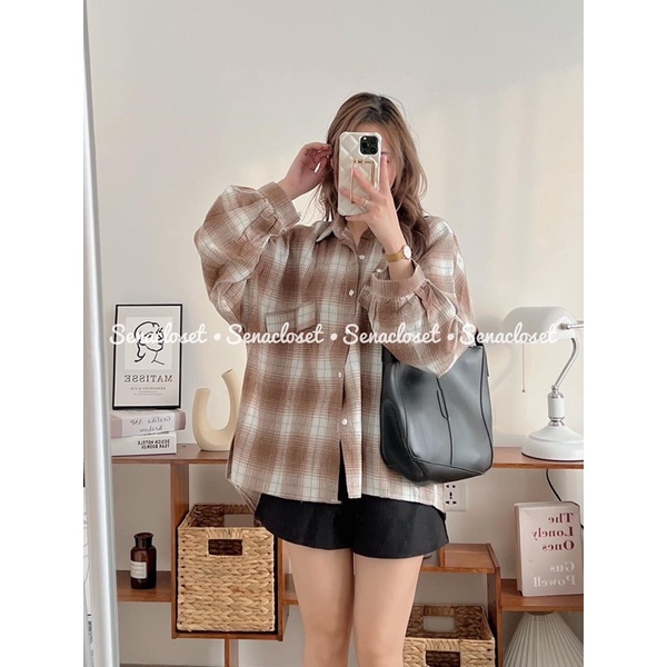 Áo sơmi sọc caro 2 màu form rộng oversize tay bo (Ảnh thật/Video)