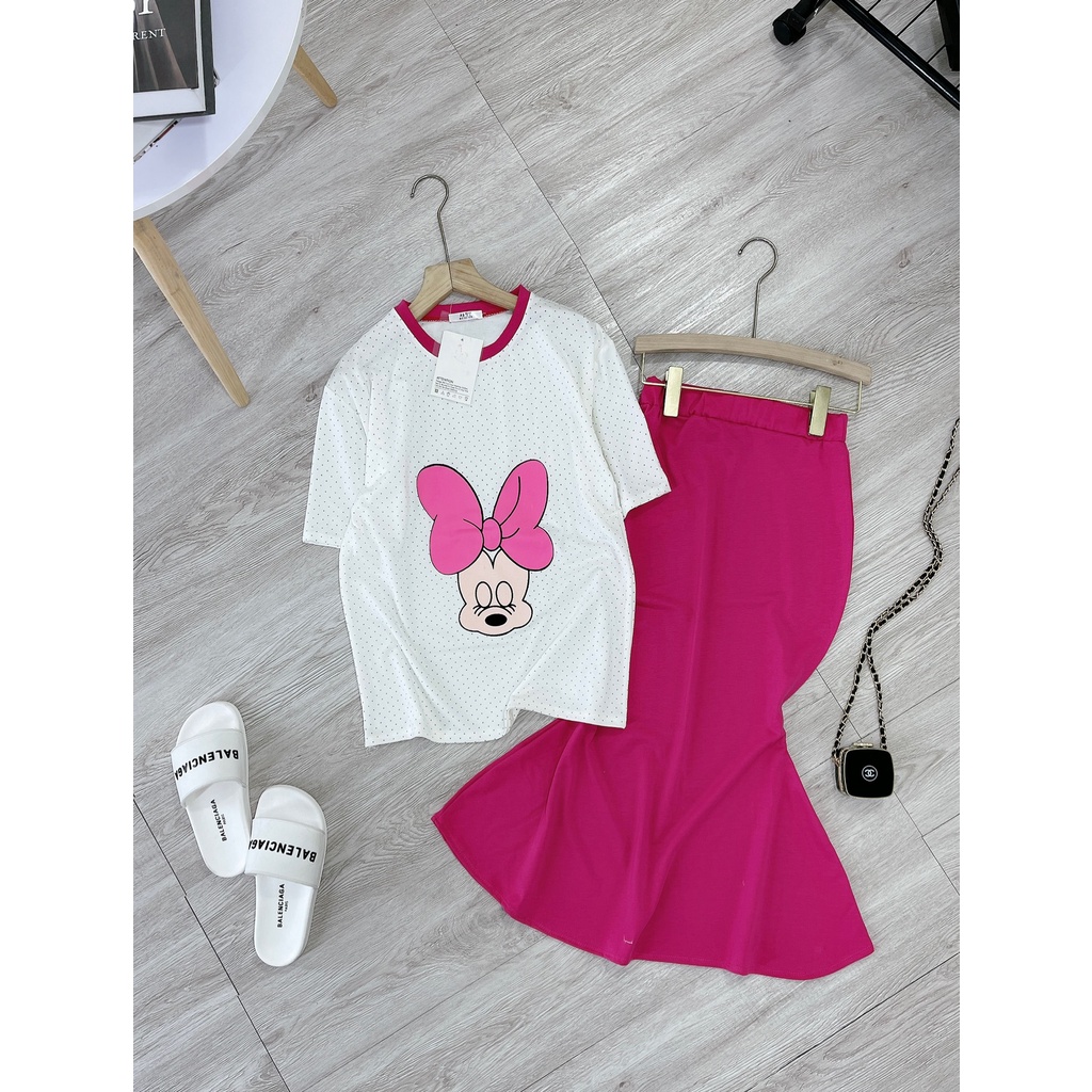 Set chân váy mickey chấm bi hồng xinh xắn sét váy áo nữ cotton DN190