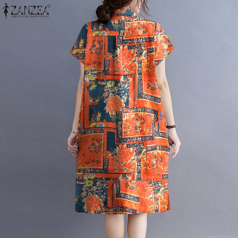 Đầm ngắn Zanzea tay ngắn cổ bẻ có túi trước dáng rộng thời trang dành cho nữ