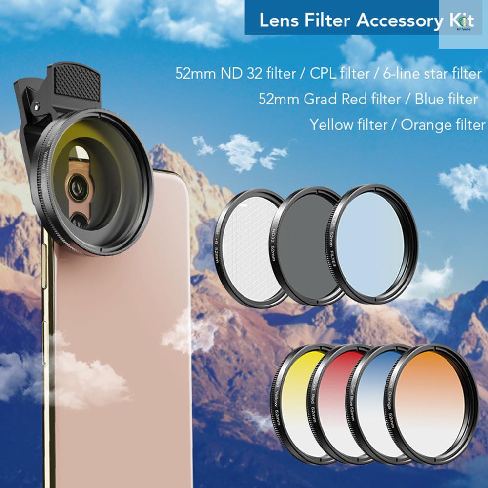 APEXEL APL-52UV-7G 7in1 Lens Filter Kit 52mm ND32 Filter Lens CPL Lens 6-Point Star Filter 52mm Grad Red /Blue /Yellow /Orange Filters Compatible with    Most Smartphones and Camera Lenses with 52mm Thread