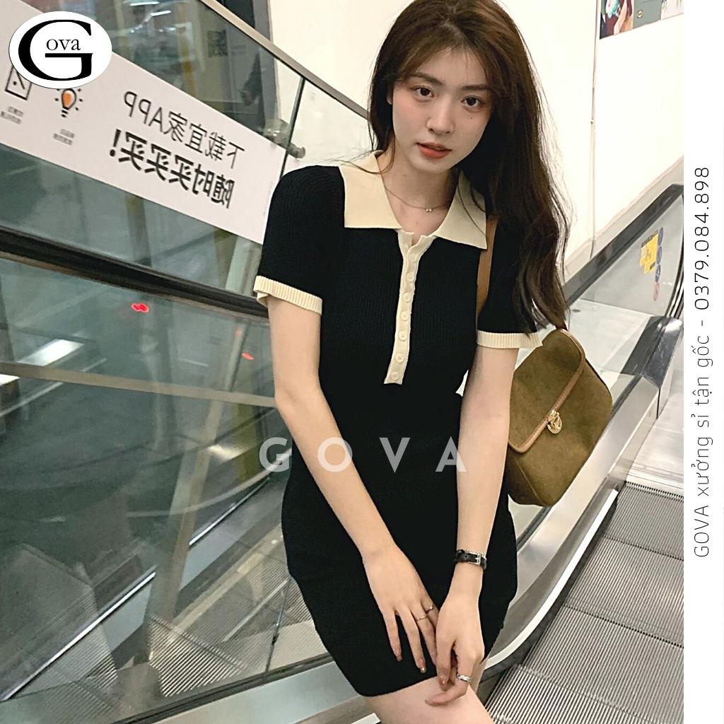 Đầm Váy Body CỔ POLO Phối Be Nữ Kiểu Tay Ngắn Dáng Ôm BodyTôn Dáng Đẹp GOVA
