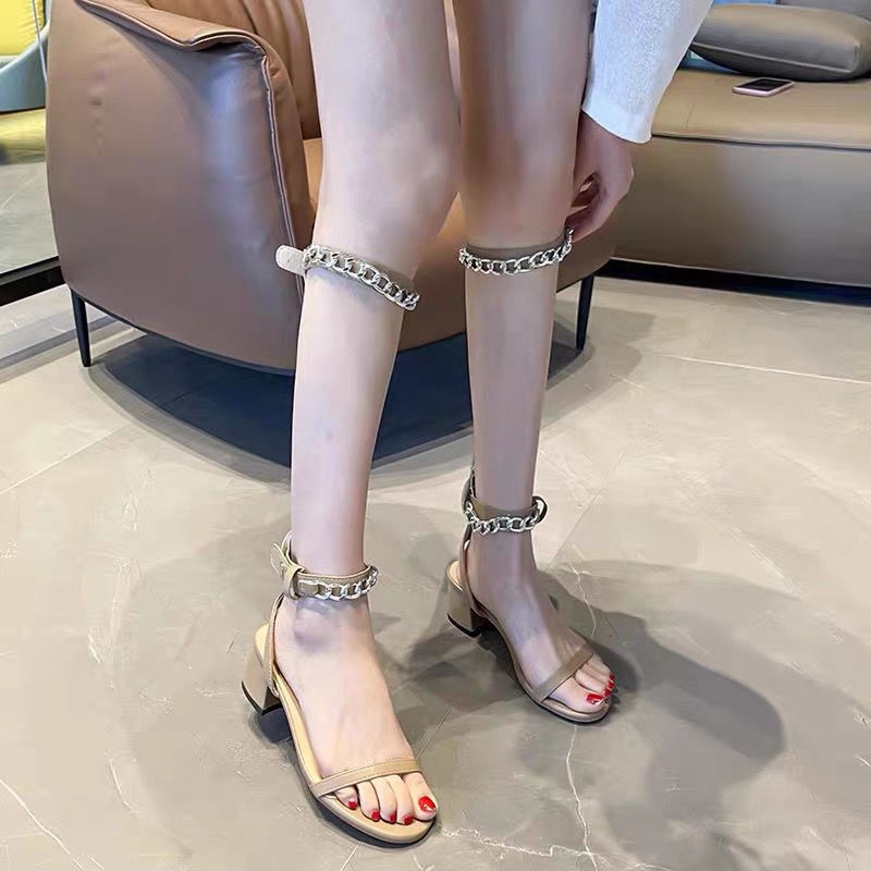 Giày Sandal Cao Gót Dày Quai Xích Kim Loại Thời Trang Mùa Hè Hàng Mới Dành Cho Bạn Nữ 2022