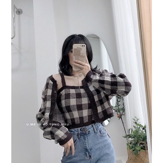 Set len cardigan nâu kẻ ô len mềm mịn lông thỏ