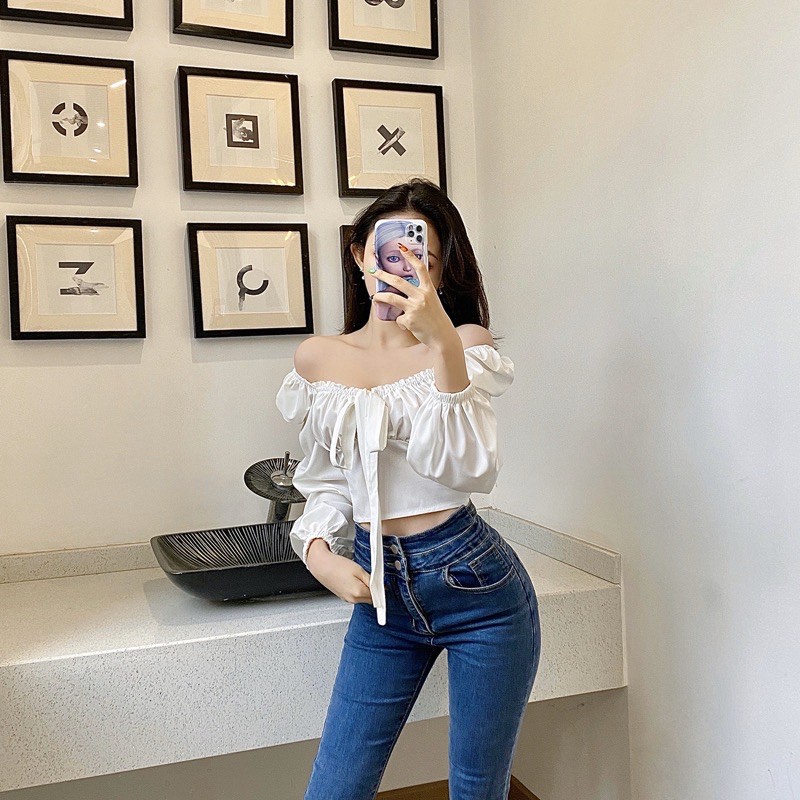 [Có sẵn+ảnh thật] Áo sơmi thắt nơ ngực croptop bèo nhún sexy | BigBuy360 - bigbuy360.vn