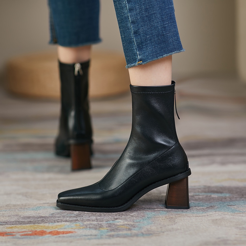 Giày bốt Martin cao gót dày co giãn mỏng màu trơn thời trang mùa thu kiểu Pháp 2021 cho nữ | BigBuy360 - bigbuy360.vn