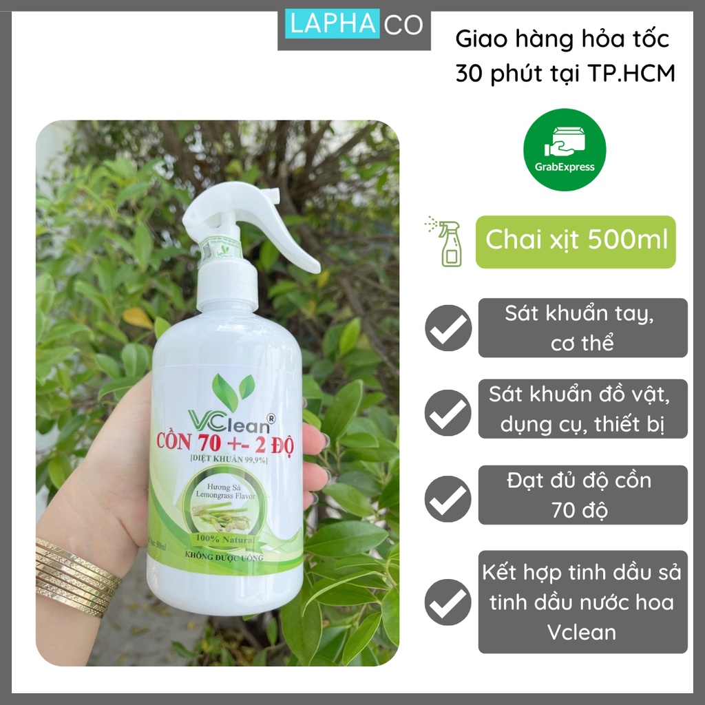 Cồn 70 độ tinh dầu thơm Vclean chai 500ml vòi xịt nhuyễn | Sát khuẩn tay, đồ vật, khử mùi