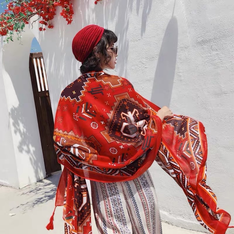 [HÀNG LOẠI 1] Khăn Boho Đi Biển Hoạ Tiết Thổ Cẩm Trên Nền Cam Nổi Bật