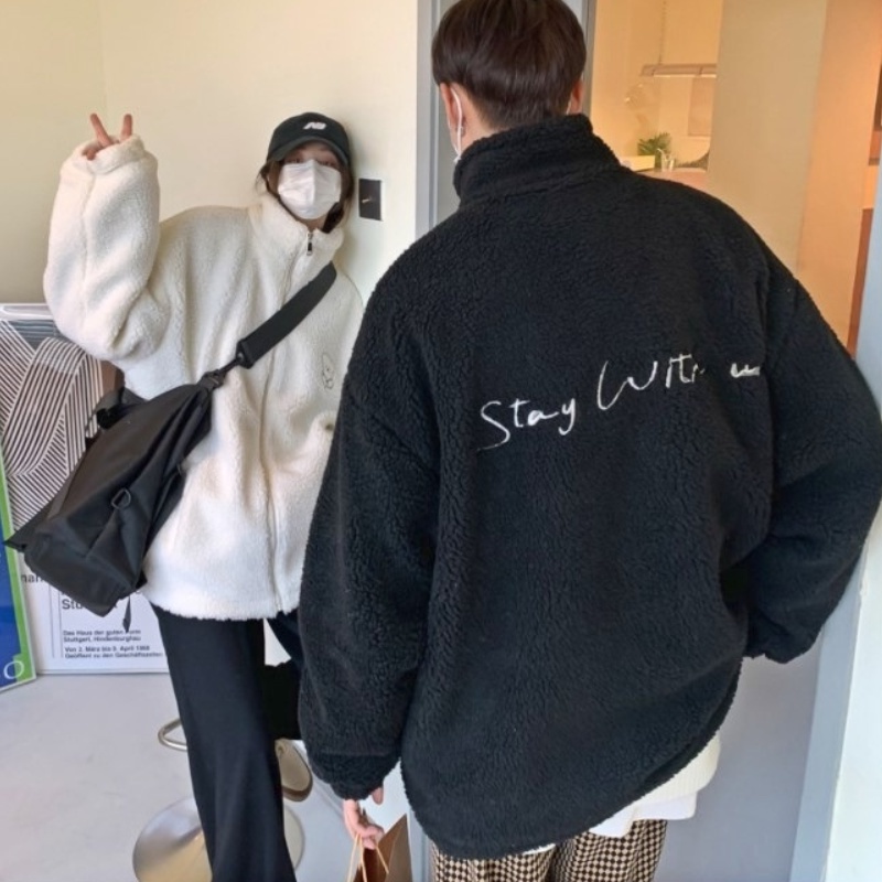 Áo khoác lông cừu dài tay có khóa kéo thời trang mùa đông cho nam nữ
