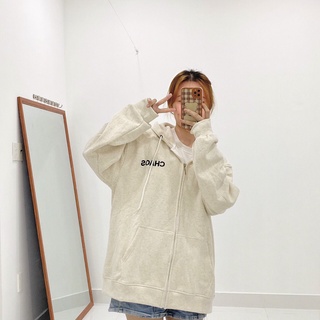 Áo khoác hoodie zip XANH RÊU form rộng nam nữ vải nỉ lót bông thêu chữ CHAOS