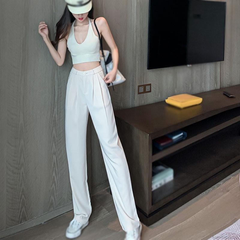 Quần Dài Lưng Cao Ống Rộng Phong Cách Hàn Quốc