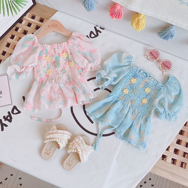 Áo Kiểu Tay Ngắn Chất Chiffon Hoạ Tiết Hoa Thời Trang Cho Bé