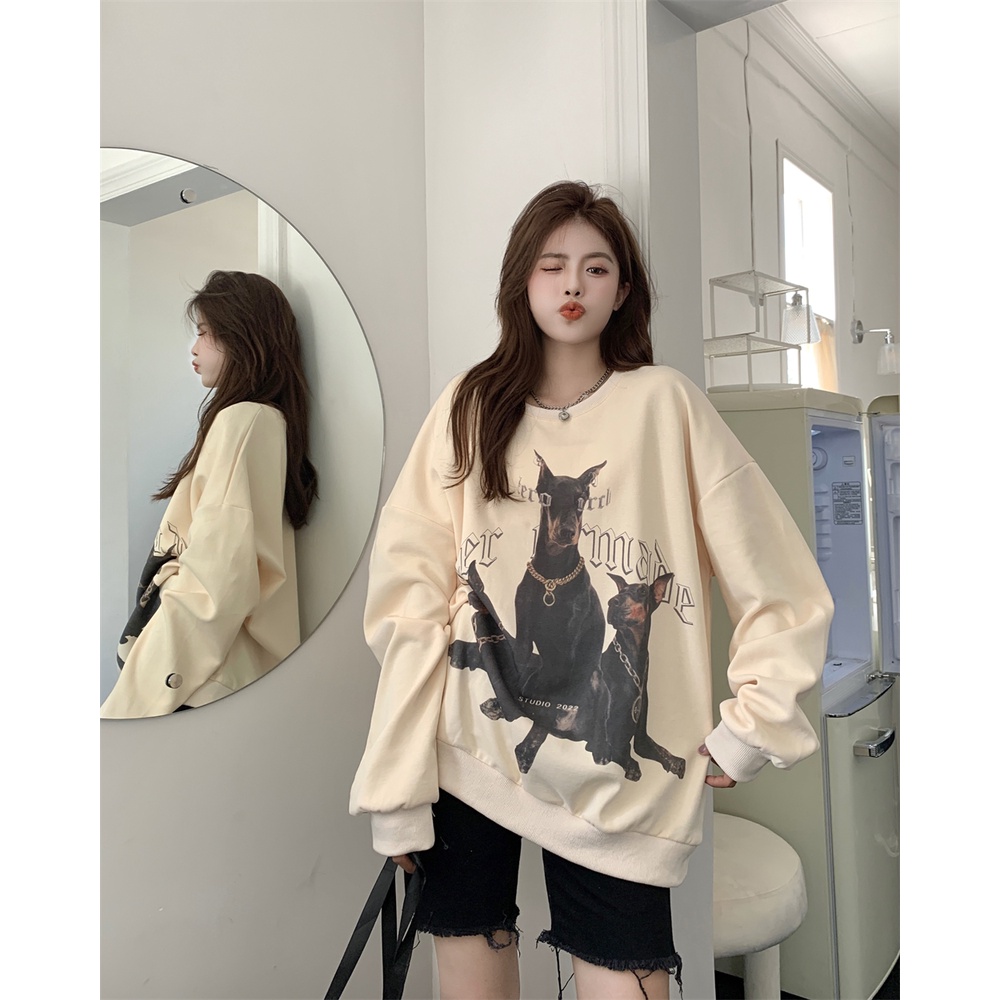 Áo len cổ tròn tay dài dáng rộng in họa tiết phong cách Mỹ cổ điển thời trang cho nữ