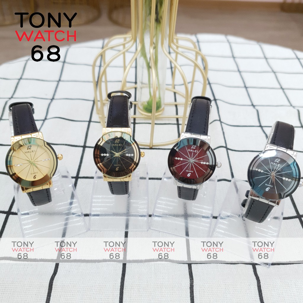 Đồng hồ nữ dây da Halei dây đen mặt đen chính hãng Tony Watch 68