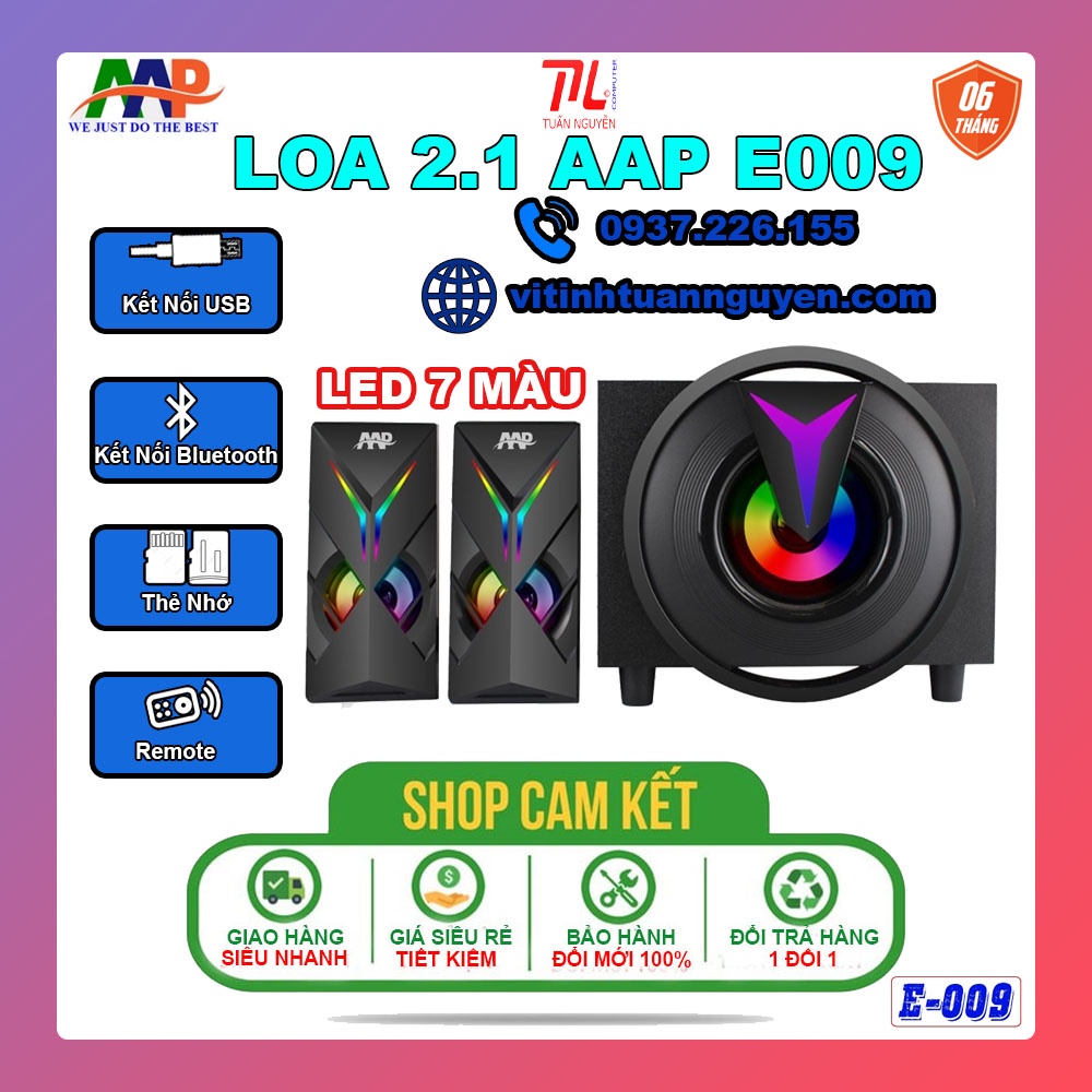 LOA 2.1 AAP E009 LED CHÍNH HÃNG (AUX, BLUETOOTH, USB, THẺ NHỚ, FM, REMOTE)