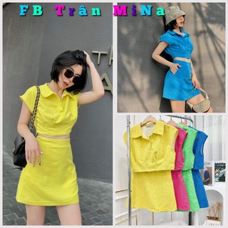Set áo croptop cổ sơ mi phối chân váy