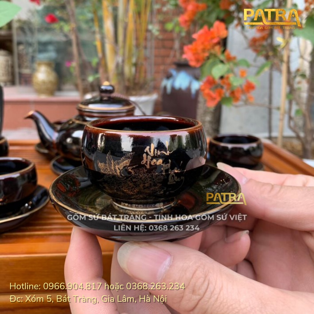 Bộ ấm chén uống trà cao cấp , bộ ấm trà Bát Tràng - vinh hoa phú quý men đen bóng