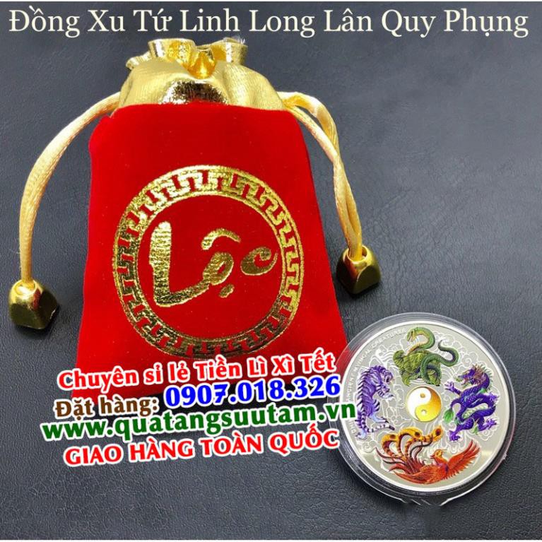 Đồng Xu Tứ Linh phong thủy - tặng kèm túi gấm rồng phụng