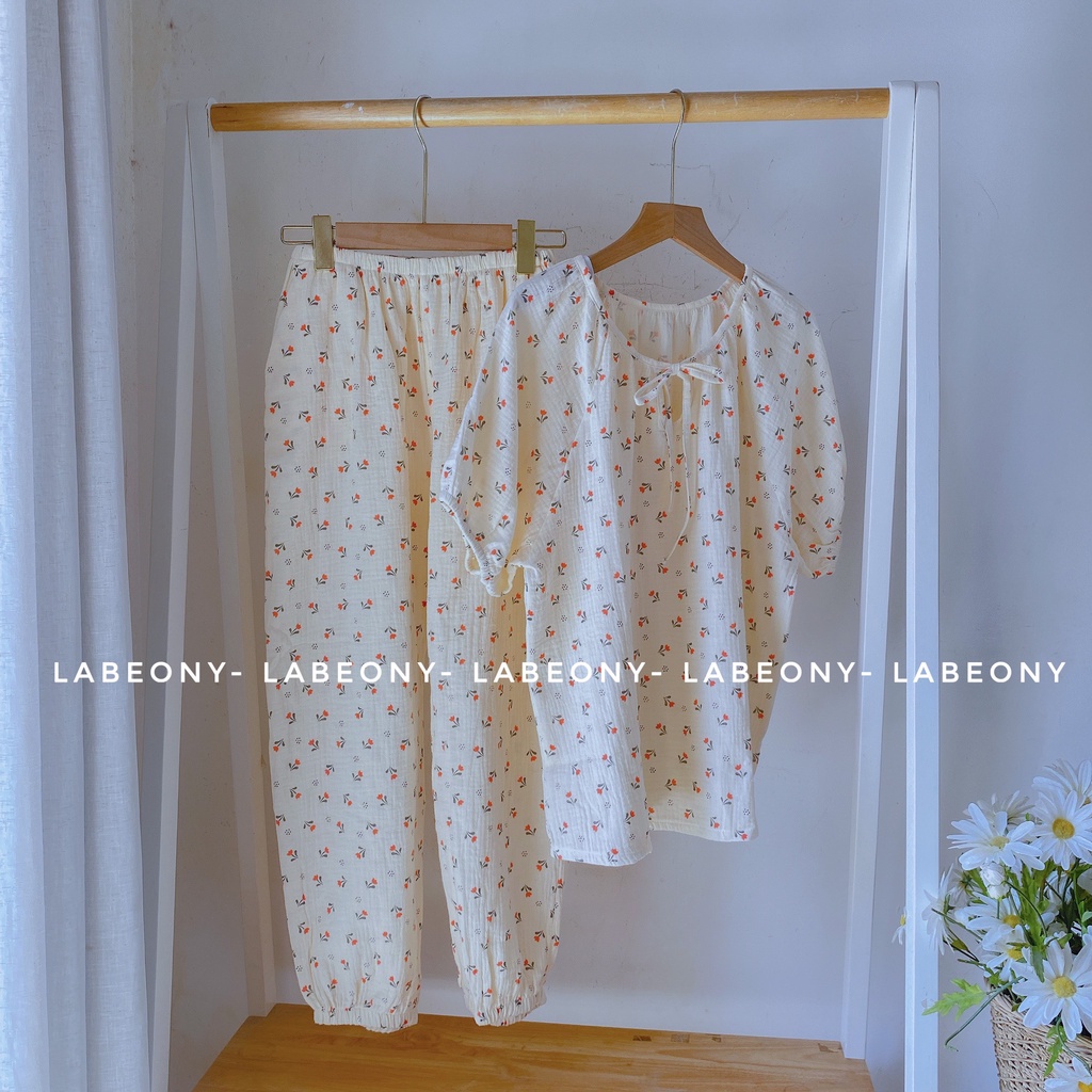 Đồ bộ nữ mặc nhà pyjama cổ tròn hoa Tulip ngắn dài xô muslin Labeony