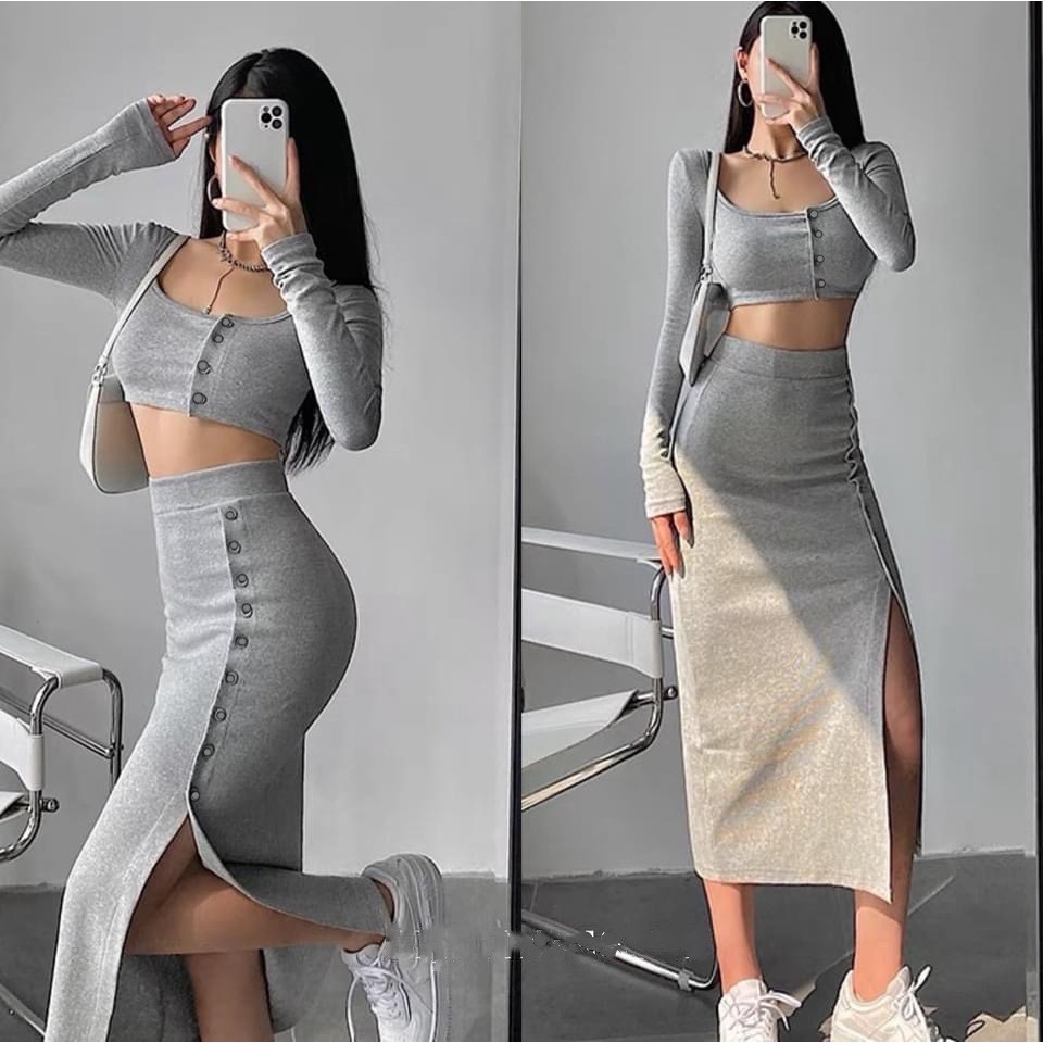 {NHẬP MÃ VOUCHER GIẢM GIÁ}Set đồ nữ áo cổ trễ + chân váy khuy maxi dáng dài set đồ nữ body sang chảnh Annastore