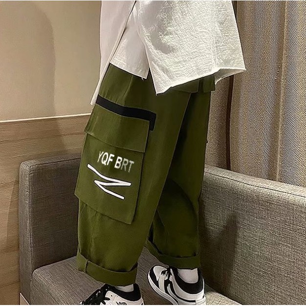 【M-3XL】Loose Men's Trousers Summer Overalls Men's Trendy Nine-Point Korean Version of The Tide Brand Harem Trousers for Men Harajuku Hong Kong Style Cargo Pants Men Clothes Hipster Korean High Waist Trousers Big Pocket Straight Casual Wide Leg Capris