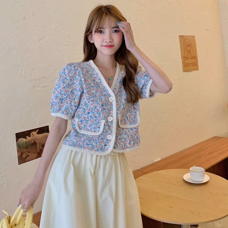 Áo sơ mi ngắn tay 42156 cổ chữ V thêu họa tiết xinh xắn cho nữ