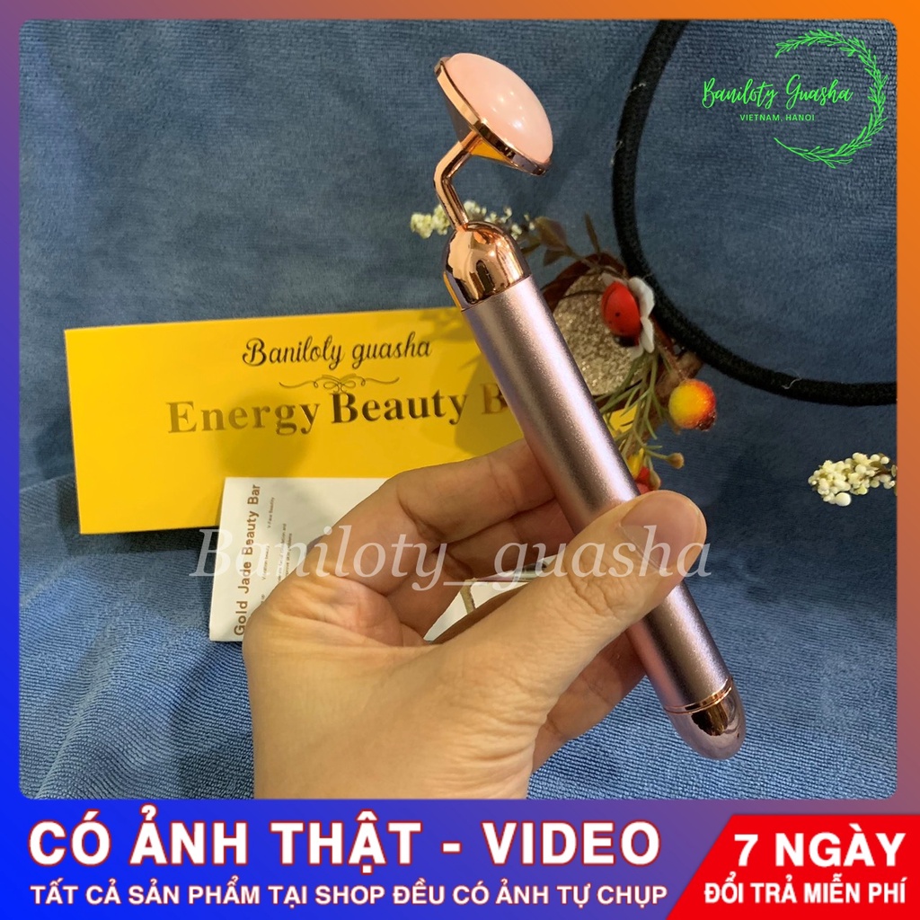 (full box) Thanh lăn đá massage mặt, cổ màu hồng, tự động rung bằng pin nhỏ