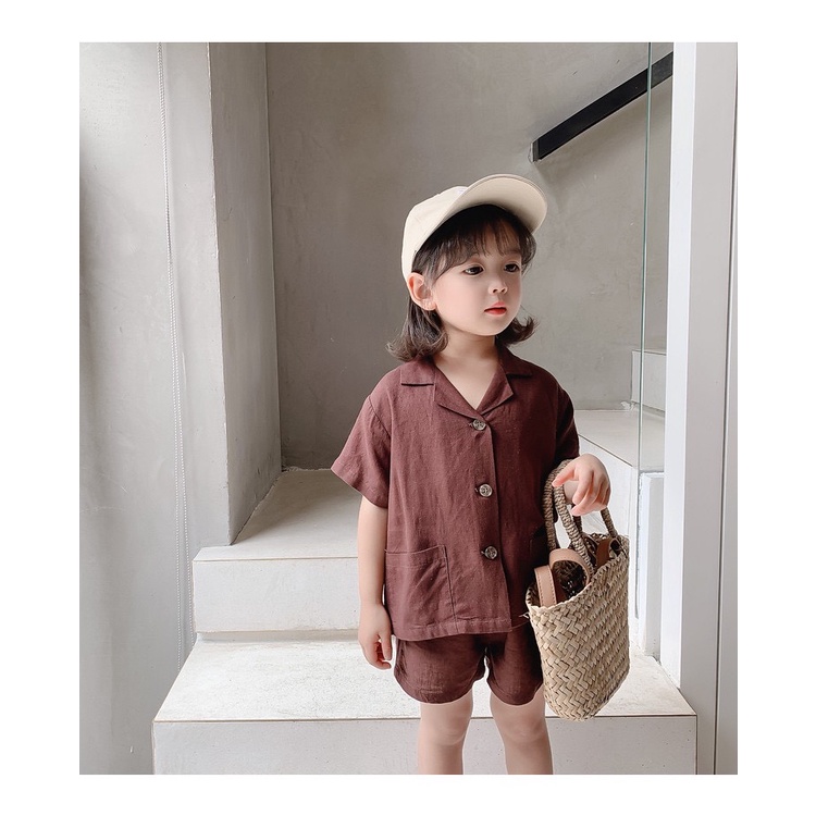 Bộ đũi cổ vest 2 túi vuông bé gái