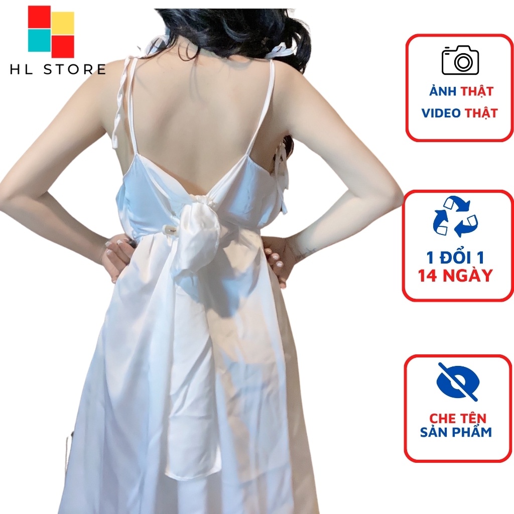 Váy ngủ sexy 2 dây xếp ly ngực cột nơ lưng Hải Lan Store, chất liệu lụa satin, freesize 40-65kg tùy chiều cao