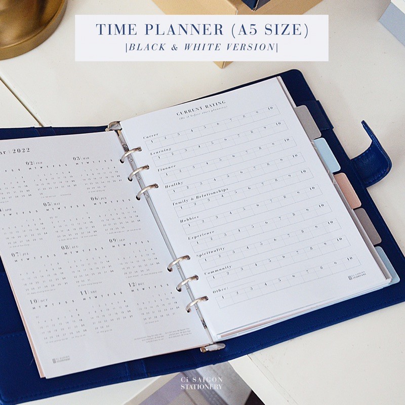 Sổ còng lập kế hoạch/học tập Time Planner A5 bản trắng đen (gồm bìa, ruột, phân trang)